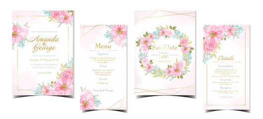 set of watercolor floral wedding invitation with gorgeous pink flowers