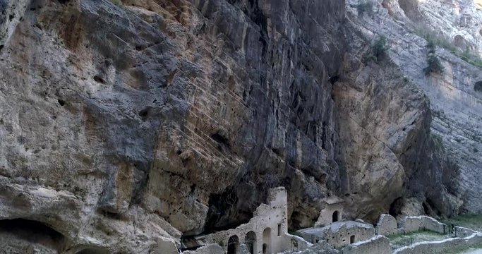 Aerial view of Remains of the old Benedictine abbey in the Gorges of Fara San Martino. Pope Celestine V Hermitage. Fara San Martino, Majella National Park, Chieti, Abruzzo, Italy, Europe