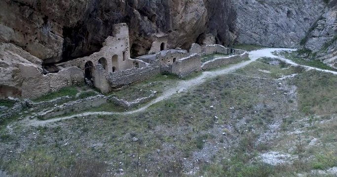 Aerial view of Remains of the old Benedictine abbey in the Gorges of Fara San Martino. Pope Celestine V Hermitage. Fara San Martino, Majella National Park, Chieti, Abruzzo, Italy, Europe