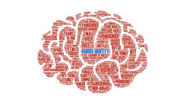 Gender Identity Brain animated word cloud on a white background. 
