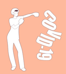 Female doctor wearing protective mask and wearing boxing gloves, giving a left hook to a Covid-19 virus © LaInspiratriz