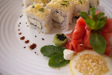 vegetarian sushi rolls with cheese close up