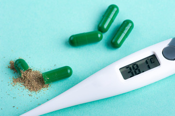 green capsule pill with herbs