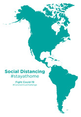 Obraz premium American continent map with Social Distancing #stayathome tag