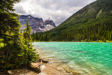 Fototapeta na wymiar The Rocky Mountains. Lower Sherbrook Lake Yoho National Park, British Columbia , Canada