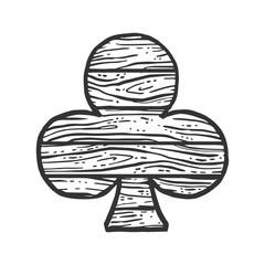 Wooden Clubs suit playing card sign sketch engraving vector illustration. T-shirt apparel print design. Scratch board imitation. Black and white hand drawn image.