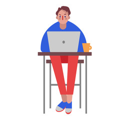 Man working at laptop concept to search for employees for remote work or organize of workday. A freelance IT worker without colleagues. Flat design illustration.