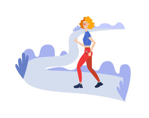 Horizontal flat illustration good for banner design with running woman. Jogging sport illustration in bright colors concept for run tracking app.