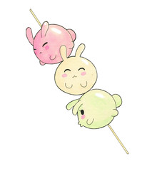 Japanese kawaii dango stick bunnies, candy on stick fun cute watercolor hand drawn illustration