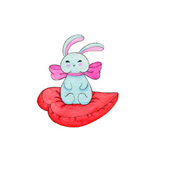 Cute watercolor bunny present sitting on heart pillow