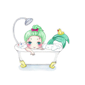 Cute little mermaid basking in foam bath