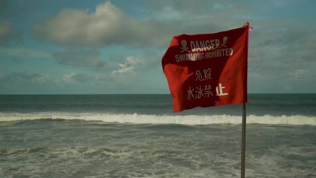 flag on the beach with the words swimming prohibited