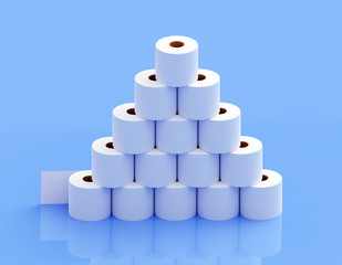 A pyramid of toilet paper on a blue background