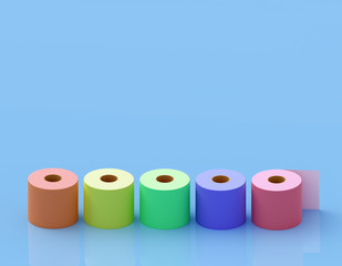 Simple rolls of colored toilet paper on lite background, place for texts