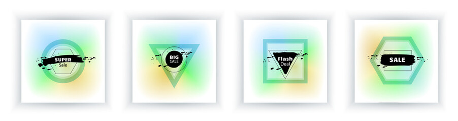 Vibrant liquid abstract banners with black blots on white background. Fluid banner. with geometry shapes. Set square banners
