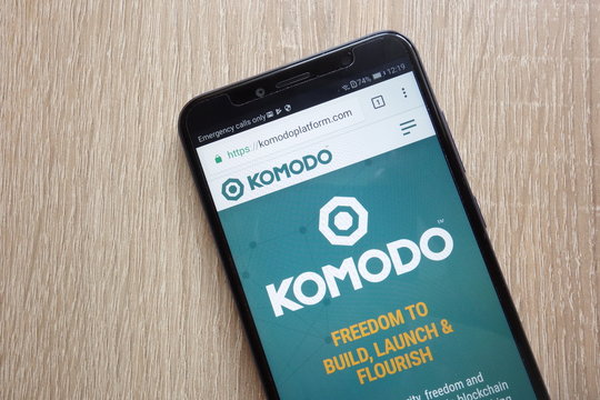 KONSKIE, POLAND - JULY 01, 2018: Komodo (KMD) cryptocurrency website displayed on Huawei Y6 2018 smartphone