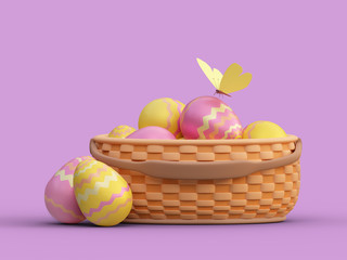 Colorful painted easter eggs in brown basket with butterfly on pink background