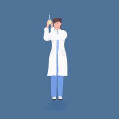 female scientist looking at test tube with fluid woman researcher in white coat making chemical experiment in laboratory medical research concept full length vector illustration