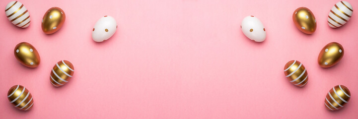 Easter eggs isolated on pink background. For greeting card, promotion, poster, flyer, web-banner, article.