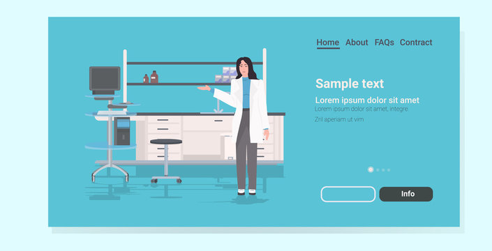 Female Scientist Researcher In White Coat Showing Modern Lab Workplace Chemical Laboratory Furniture Full Length Copy Space Horizontal Vector Illustration