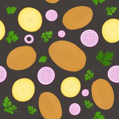 Whole potatoes and potato slices isolated on dark background. Unpeeled potatoes tuber with parsley leaves and onion slice. Vector illustration. Seamless pattern.