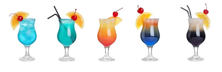 Set of tasty alcoholic cocktails isolated on white