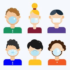 People in protective masks.Breathing medical respiratory mask. Health care concept. Coronavirus prevention. Flat set of different people faces in masks. Vector logos, icons isolated. Woman, man face.