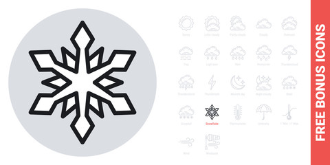 Snow or snowflake icon for weather forecast application or widget. Simple black and white version. Free bonus icons kit included