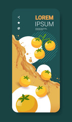 fresh yellow tomato juice liquid splash realistic splashes healthy fruits splashing waves smartphone screen mobile app vertical copy space vector illustration