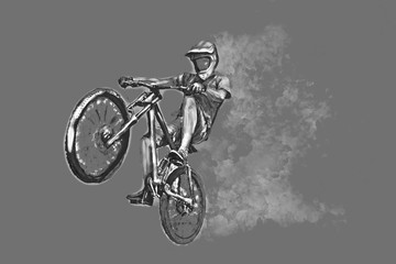 Fototapeta na wymiar A helmeted cyclist on a downhill bike stands on the back wheel. Watercolor and pencil color illustration on a dark gray background.