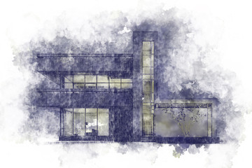 The project of a modern cottage house in white materials with night lighting and light from the wndows.3D illustration. 3D render. Stock illustration.