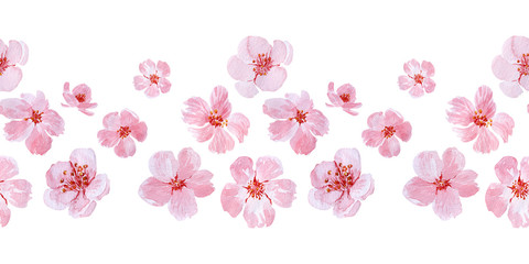 Watercolor seamless border drawing with branches and cherry blossoms