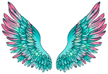 Beautiful magic glowing shiny turquoise vector wings