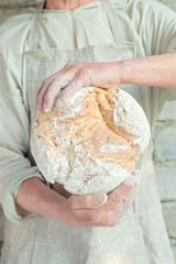 Bakery holds wheat bread before baking. rustic style closeup