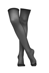 Subject shot of black semi-transparent nylon stockings without a design. Female legs are crossed on...