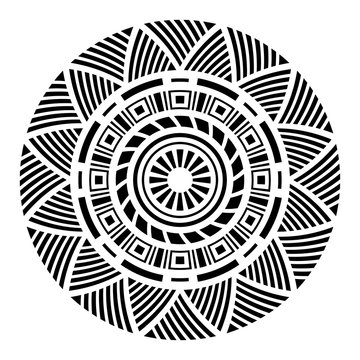 Abstract circular ornament. Ethnic mandala. Stylized sun symbol. Rosette of geometric elements. Tribal ethnic motif. Stencil tattoo and prints. Round  pattern. Decorative vector design element.