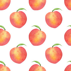 Watercolor hand drawn seamless pattern with peach fruit with leaf isolated on white background. Good for food packaging design, fabric, summer backdrop etc.
