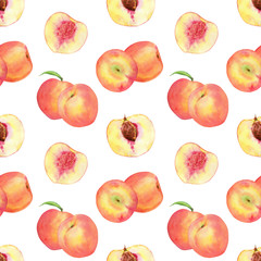 Watercolor hand drawn seamless pattern with peach fruit with leaf isolated on white background. Good for food packaging design, fabric, summer backdrop etc.