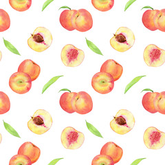Watercolor hand drawn seamless pattern with peach fruit and leaves isolated on white background. Good for food packaging design, fabric, summer backdrop etc.
