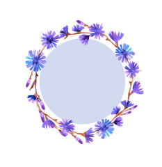Watercolor frame with blue chicory flowers. Spring watercolor illustration, inscription or photo template