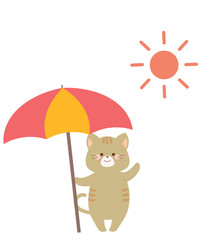 夏の太陽とパラソルとネコ