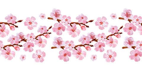 Watercolor seamless border drawing with branches and cherry blossoms