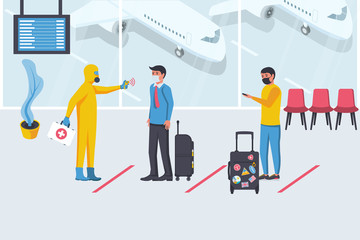 Medical worker in hazmat checks body temperature of passengers at airport terminal. Coronavirus prevention. Epidemic 2019-ncov. Vector flat design. Protective suit. Public safety. Mask face.