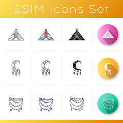 Native american indian accessories icons set. Tribe chief teepee. Crescent moon dreamcatcher. Wigwam with ethnic ornaments. Linear, black and RGB color styles. Isolated vector illustrations