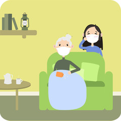 Sick, ill family, girl and grandmother wearing breathing mask, virus infection, medical treatment, pills, stay at home, guarantine, epidemic coronavirus, health care/protection, pneumonia illustration
