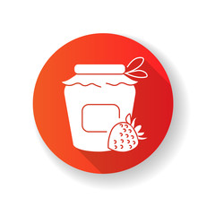 Bottling red flat design long shadow glyph icon. Homemade fruit jam preparation, delicious confiture making process. Canning. Sweet strawberry marmalade jar silhouette RGB color illustration