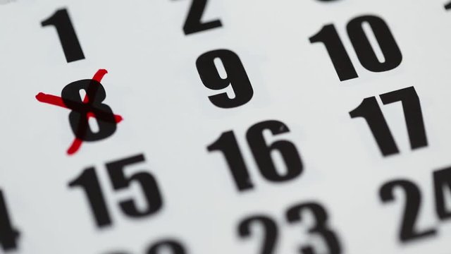 Mark the numbers 8,9,10 months in the calendar with a red marker. Cross out a few days on the calendar with a red marker. Event date.