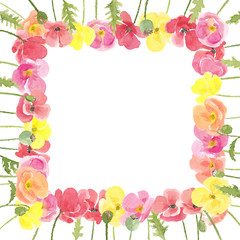 Watercolor hand drawn square floral summer composition with multi colored wild meadow poppies flowers. Frame with copy space isolated on white background