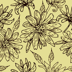Vector freehand sketch - seamless floral pattern from leaf and flowers. Natural summer background