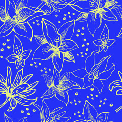 Fototapeta na wymiar Vector freehand sketch - seamless floral pattern from leaf and flowers. Natural summer background